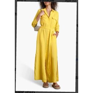LAGENCE Yellow Linen Shirt Dress Long Sleeve Belted Maxi XS